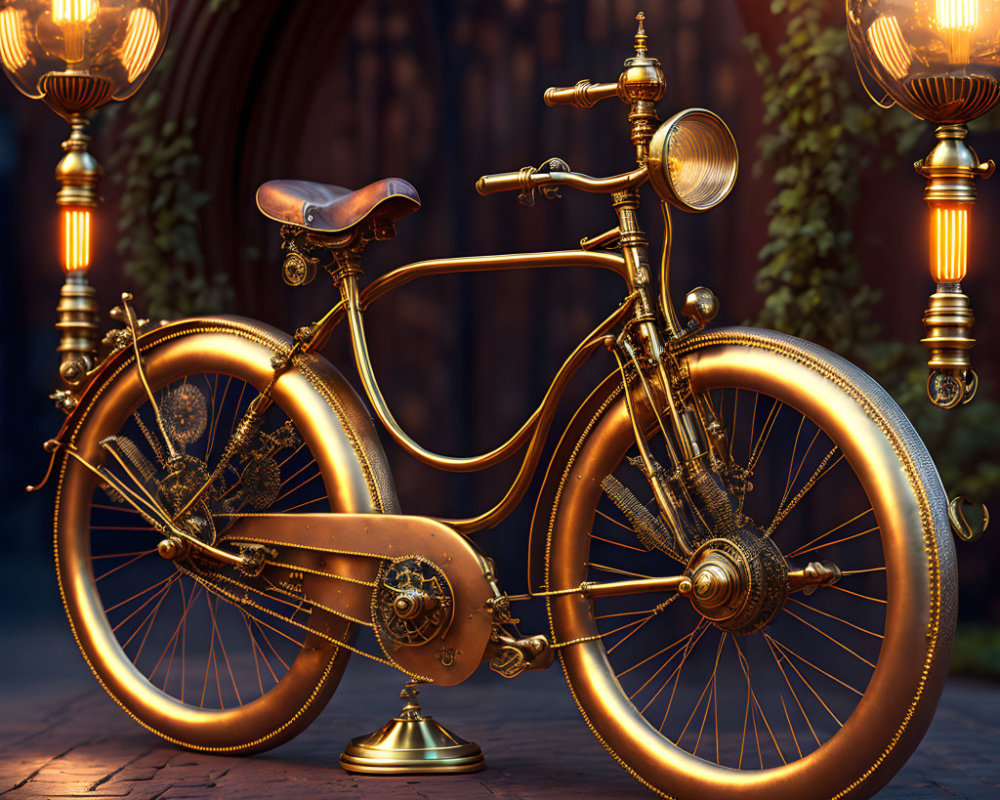 Steampunk-inspired golden bike against vintage backdrop with lit lamps