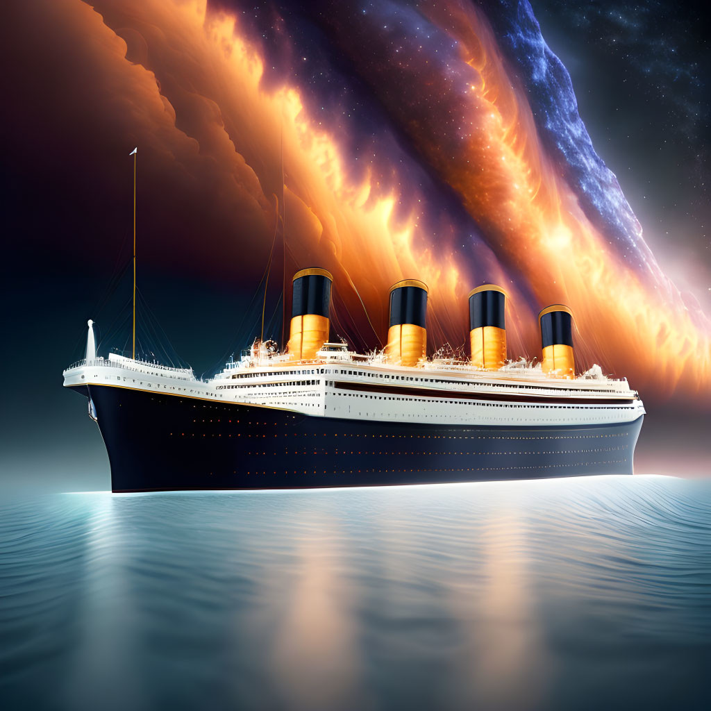 Ocean liner sailing under fiery night sky with calm sea reflection