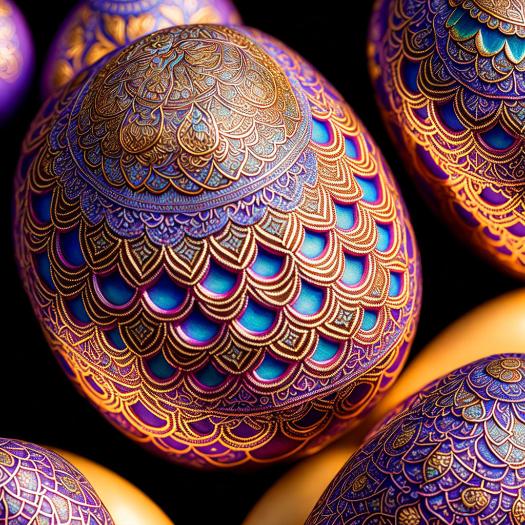 Colorful Easter Eggs with Metallic Sheen on Dark Background