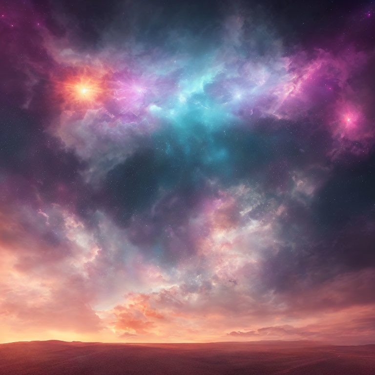 Colorful cosmic clouds above serene desert landscape with bright star