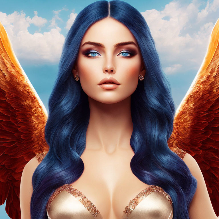 Digital artwork: Woman with blue hair, blue eyes, and feathered wings in sky.