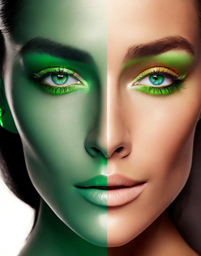 Split image of woman's face with natural and digitally altered green skin.