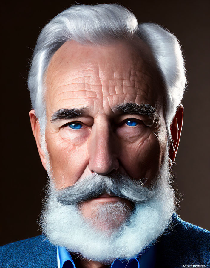 Elderly man with white beard and blue jacket on brown background