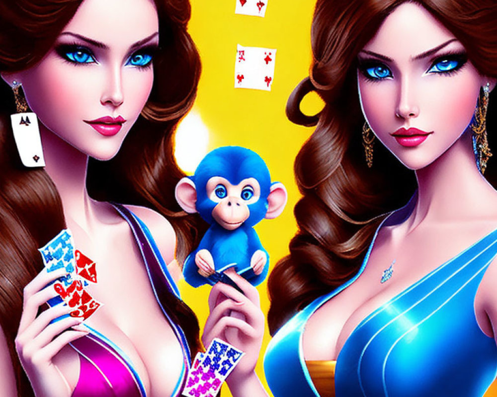 Stylized animated women and cartoon monkey with playing cards