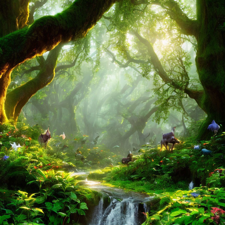 Lush Green Forest with Sunlight, Waterfall, Deer, and Flowers