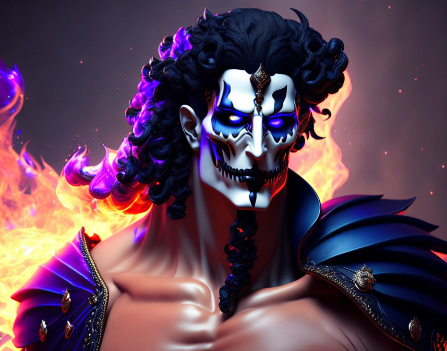 Digital Artwork: Skeleton-faced Character with Purple Hair and Flames