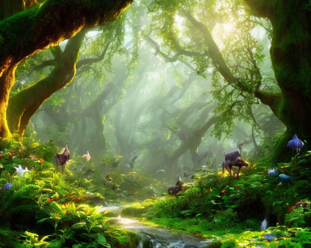 Lush Green Forest with Sunlight, Waterfall, Deer, and Flowers