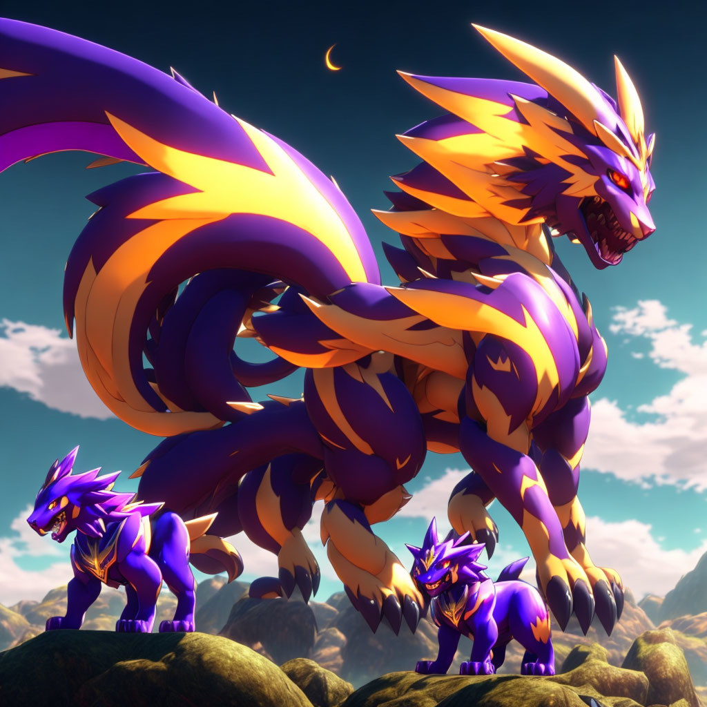 Three powerful dragons with purple and orange scales on rocky terrain under a twilight sky.