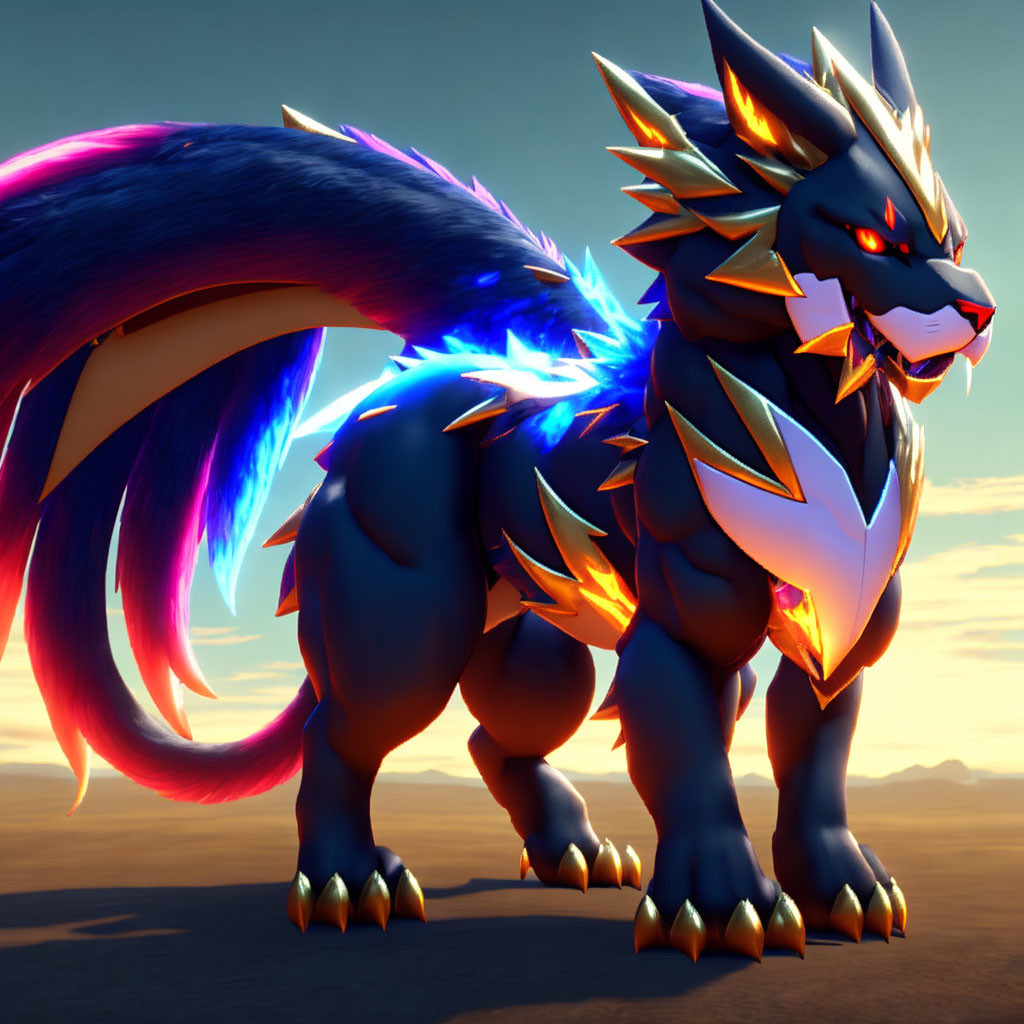 Stylized digital art of blue and orange spiked wolf-like creature