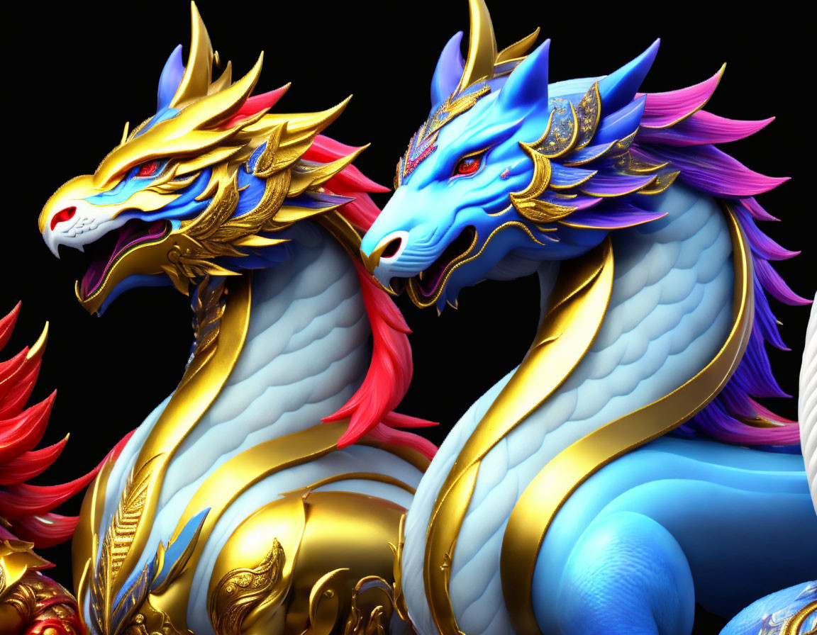 Majestic stylized dragons with golden accents and vibrant blue and yellow scales