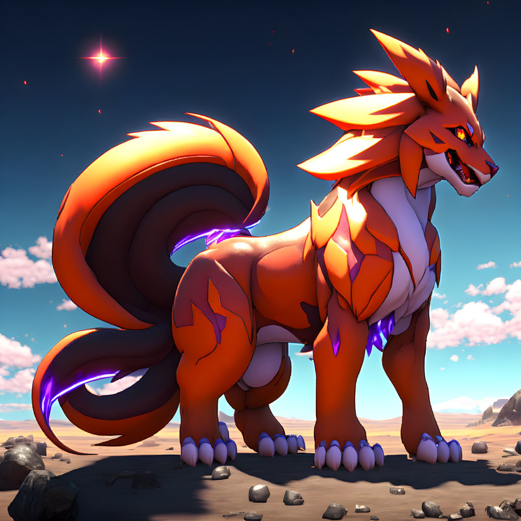 Colorful animated creature with flowing tails under blue sky