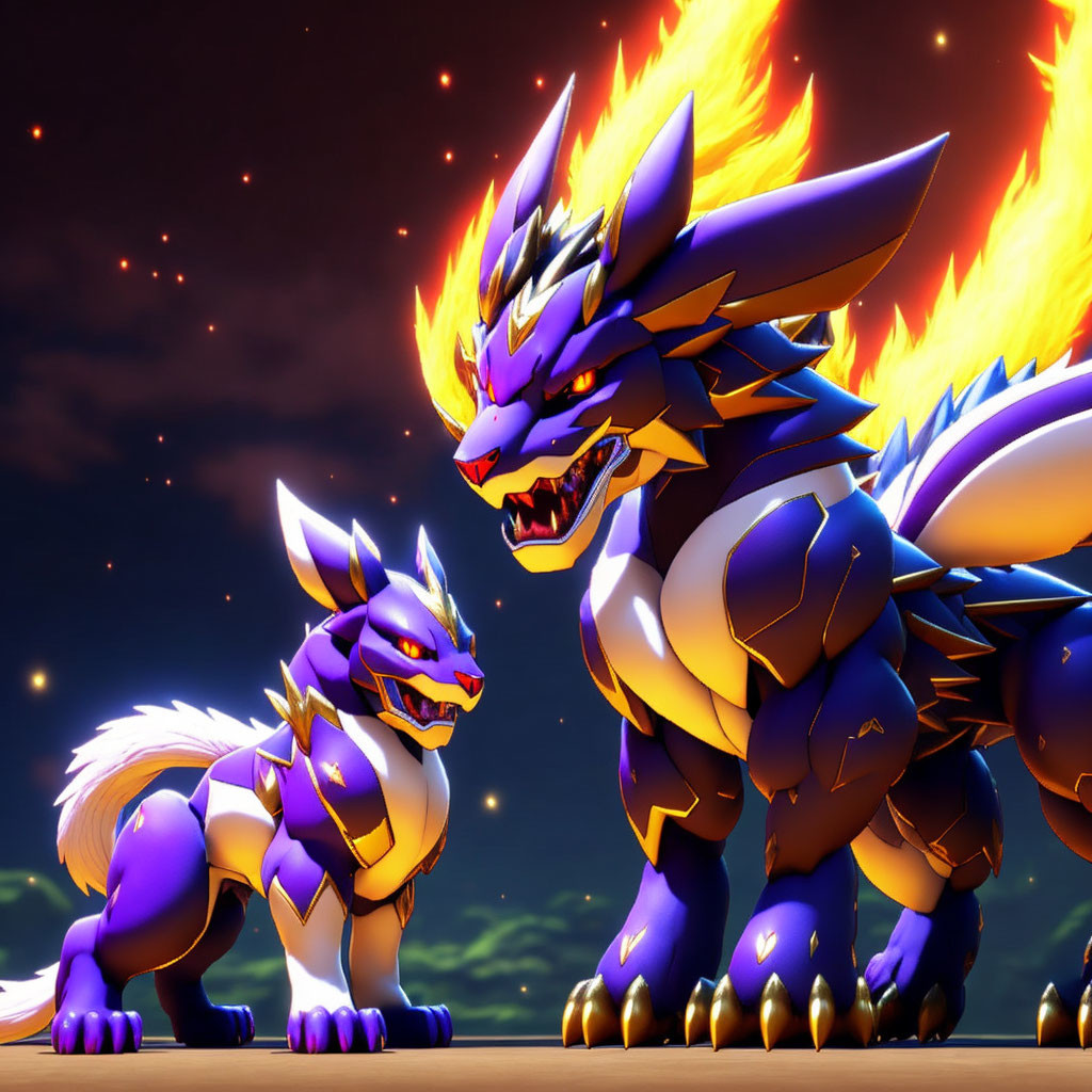 Fiery Blue and Purple Wolves Under Night Sky