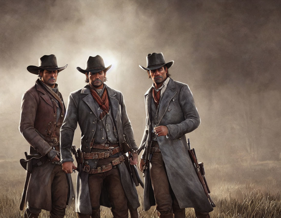 Three men in Western attire with hats and guns in a misty field.