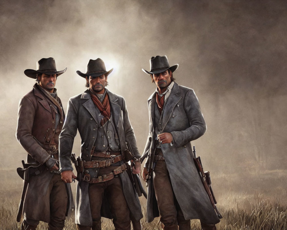 Three men in Western attire with hats and guns in a misty field.