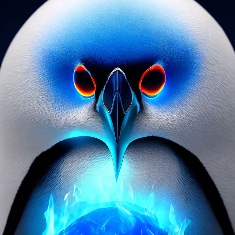 Stylized digital animal artwork with blue and white palette and fiery orange eyes