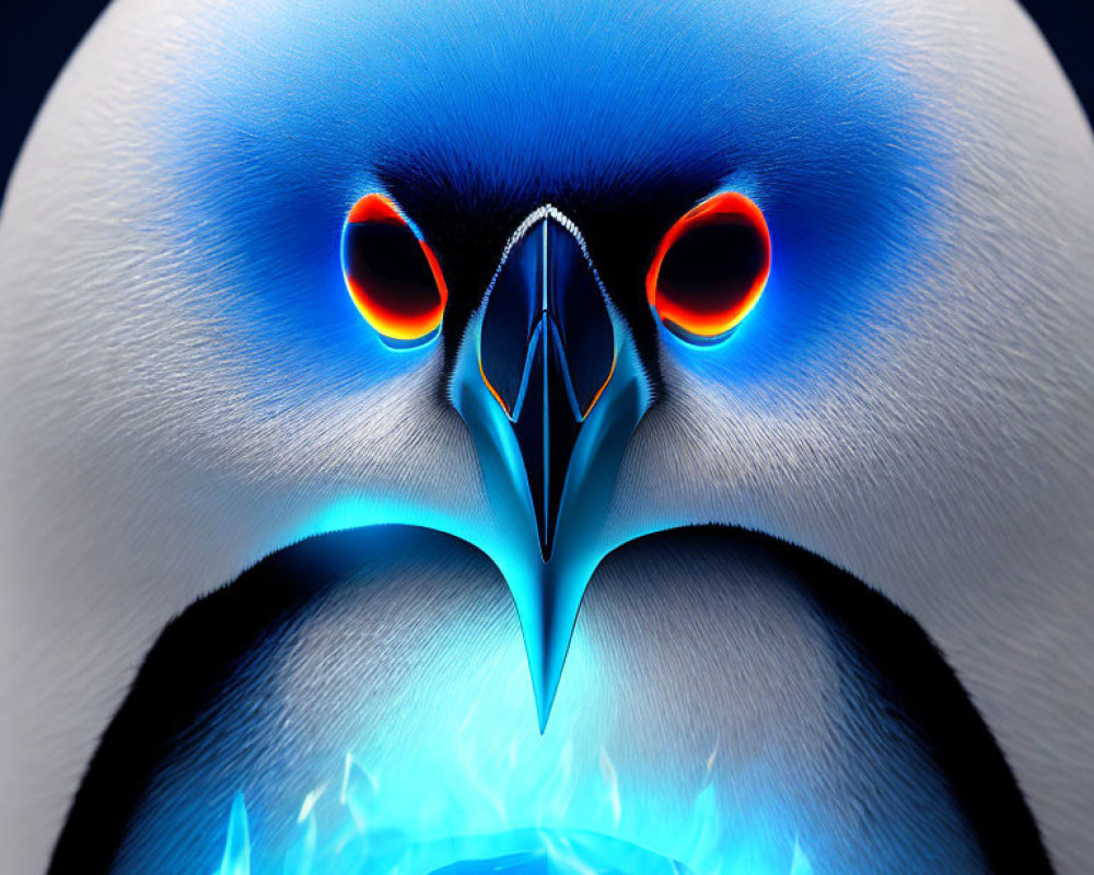 Stylized digital animal artwork with blue and white palette and fiery orange eyes