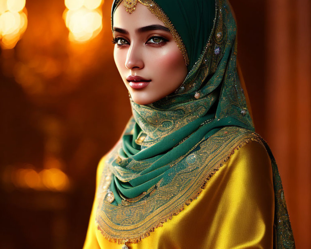 Elegant woman in green hijab with gold detail poses against warm background