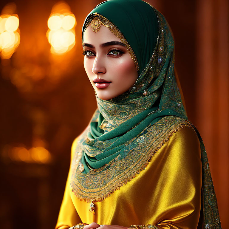 Elegant woman in green hijab with gold detail poses against warm background