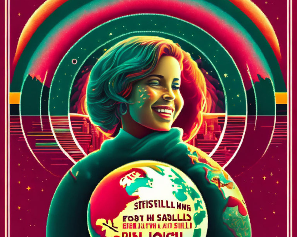 Colorful retro-futuristic poster with smiling woman, neon rainbows, and reversed text globe