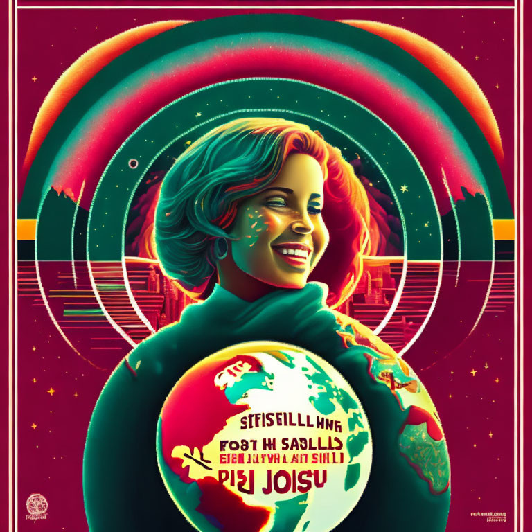 Colorful retro-futuristic poster with smiling woman, neon rainbows, and reversed text globe
