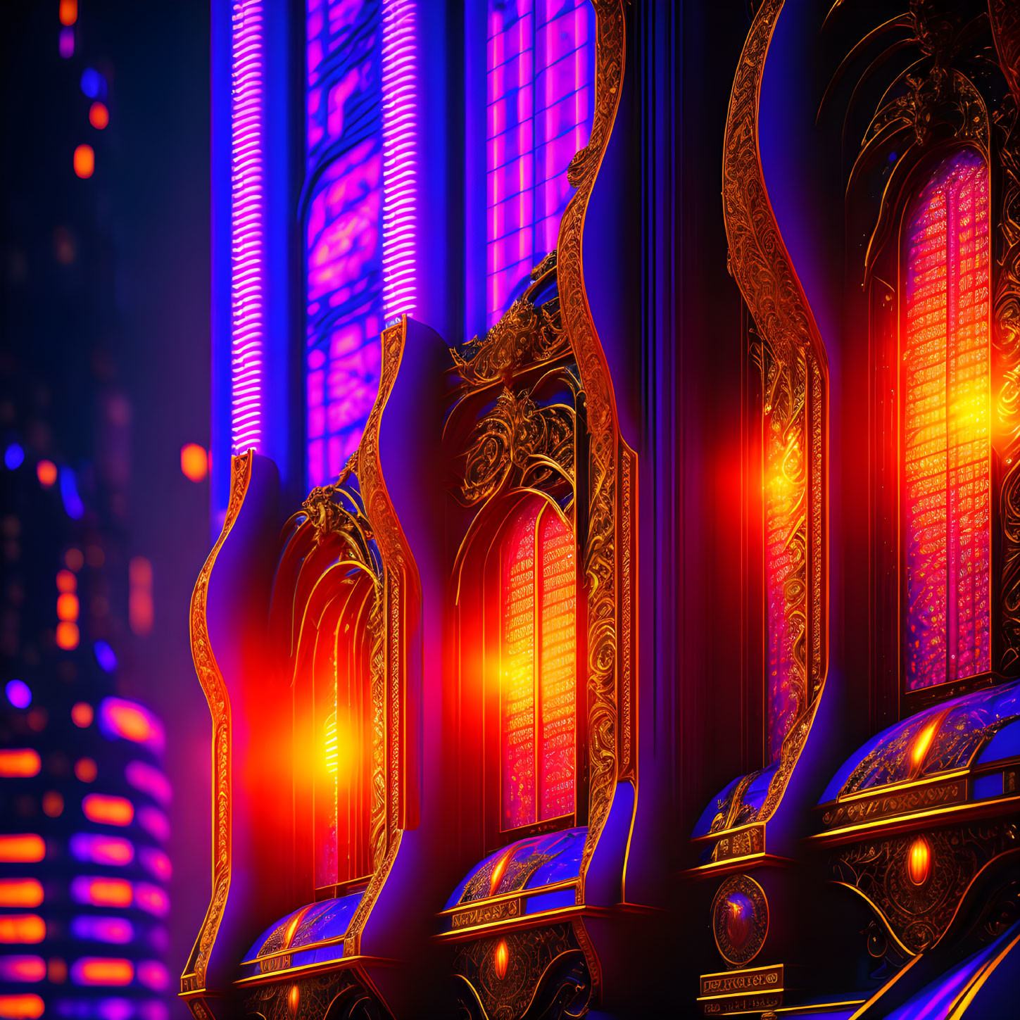 Futuristic neon-lit scene with ornate thrones and glowing high-rise buildings