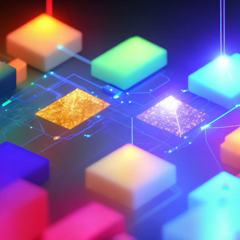 Vibrant Cubes with Glowing Connections on Circuit-Like Surface