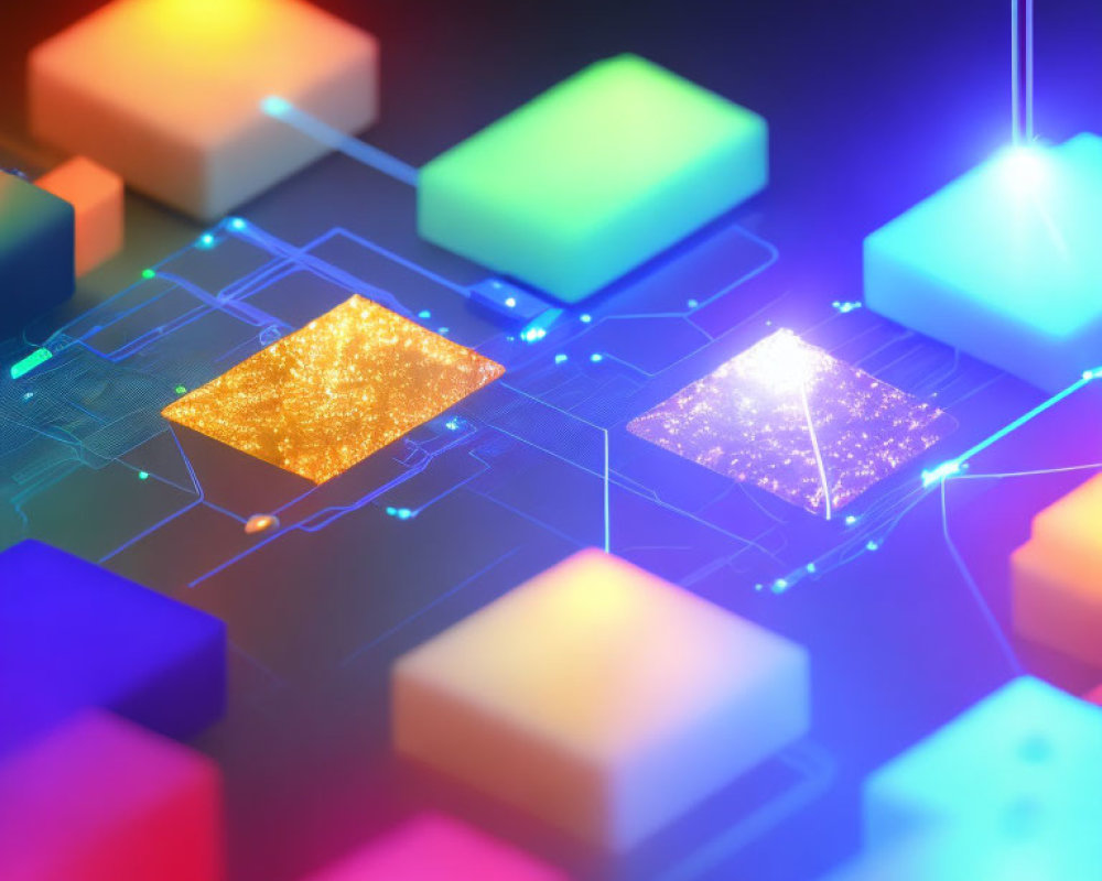 Vibrant Cubes with Glowing Connections on Circuit-Like Surface