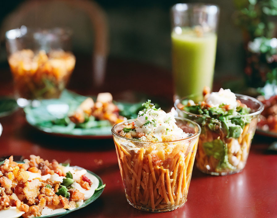 Indian dishes table setting with biryani and green juice.