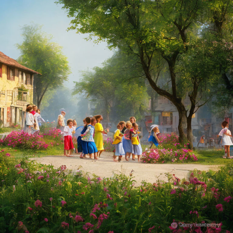 Children playing in serene village with lush trees and blooming flowers