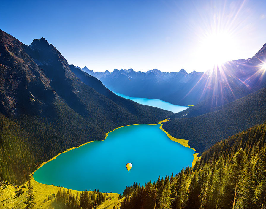 Scenic landscape with turquoise lakes, forested mountains, and hot air balloon under sunny sky