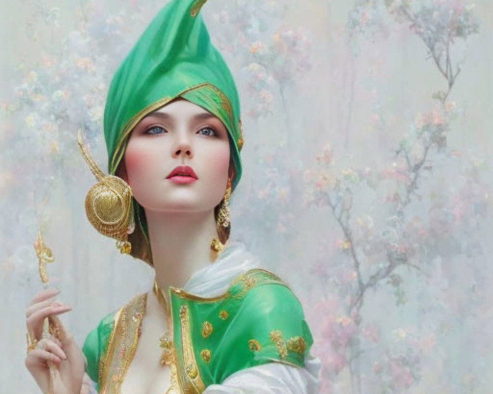 Fantasy illustration of woman in green and gold costume with headscarf, admiring dove among past