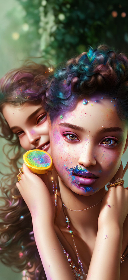 Colorful Glittery Characters with Braided Hair Holding Macaron