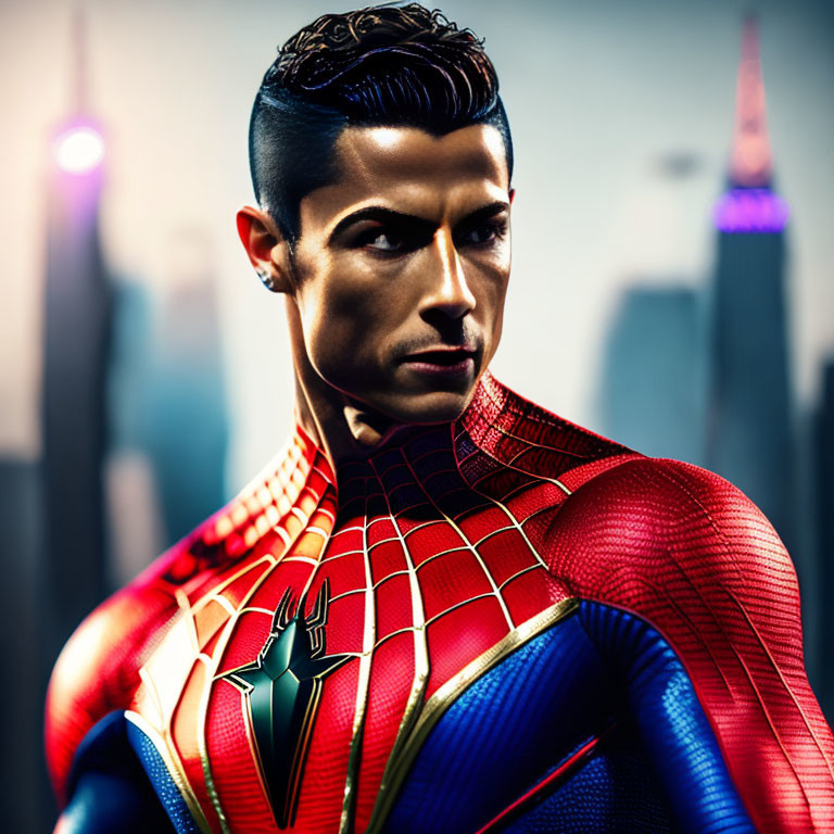 Stylized portrait of a person in Spider-Man suit with slicked-back hair on city skyline backdrop