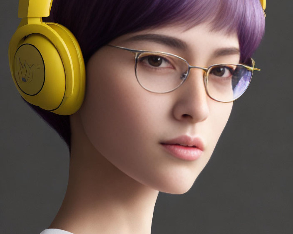 Purple-haired person in yellow headphones and glasses on gray background