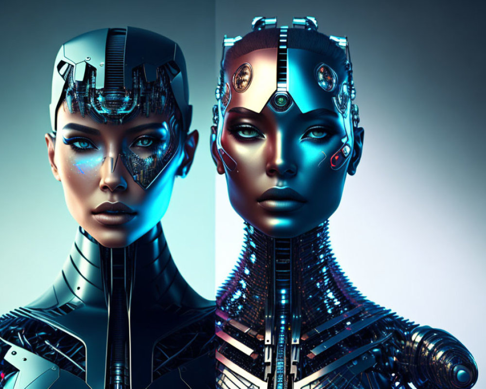 Intricate cybernetic humanoid robots on blue gradient background