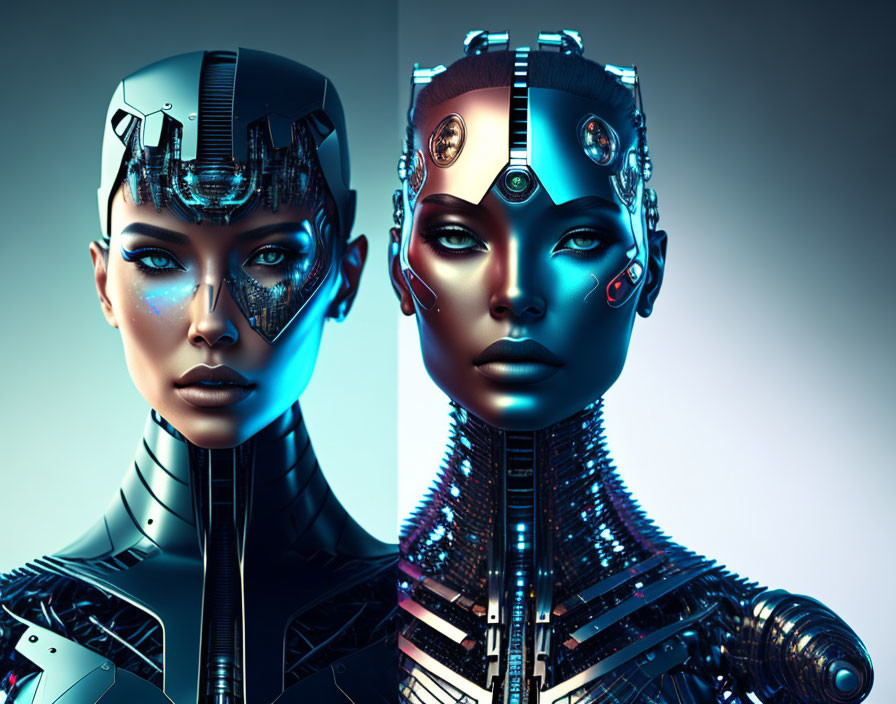 Intricate cybernetic humanoid robots on blue gradient background