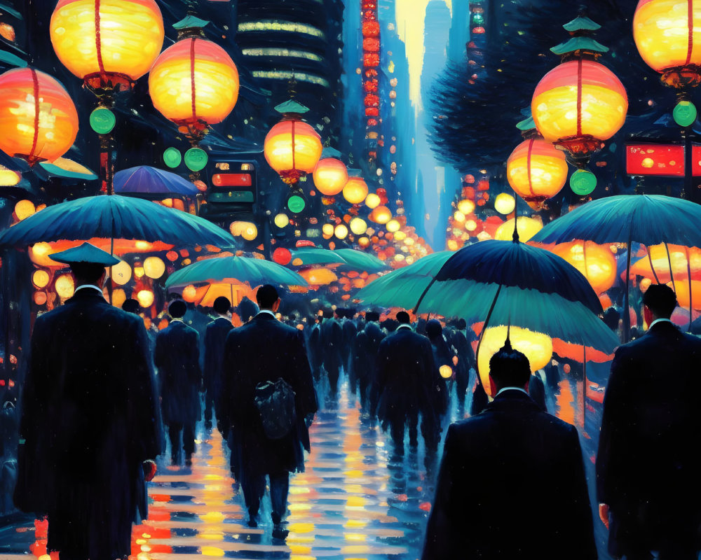 Illuminated Street with Red Lanterns and Rainy Evening Atmosphere