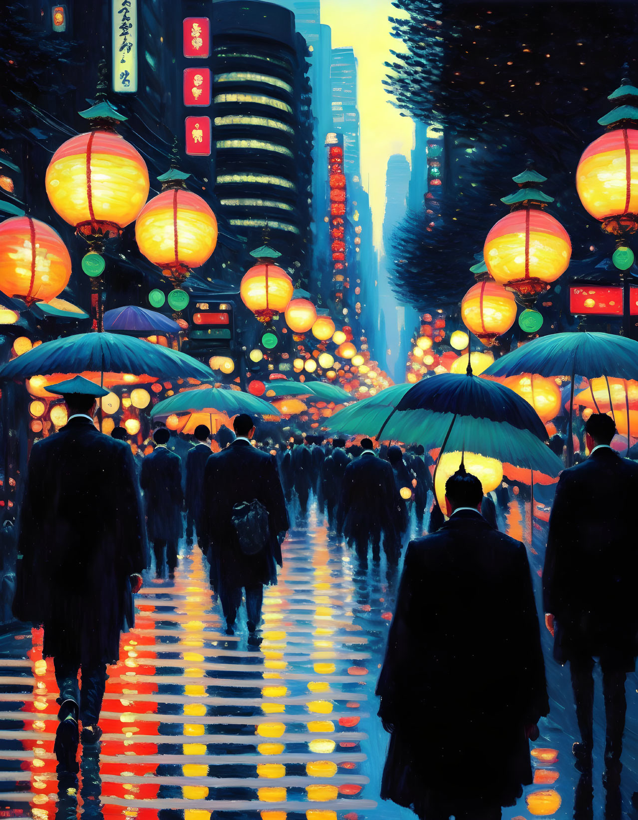 Illuminated Street with Red Lanterns and Rainy Evening Atmosphere