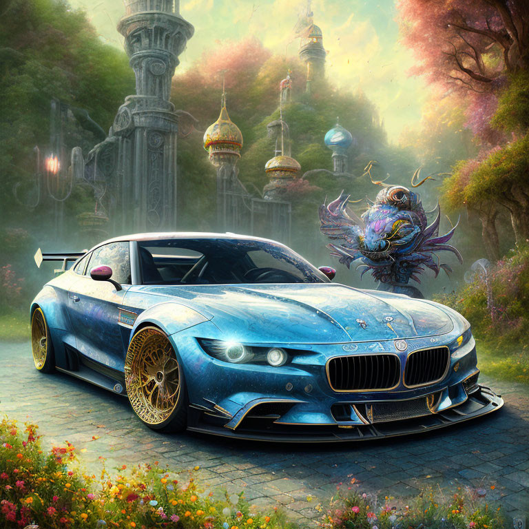 Blue sports car with golden rims in fantastical garden with floating islands and mystical architecture under pink sky