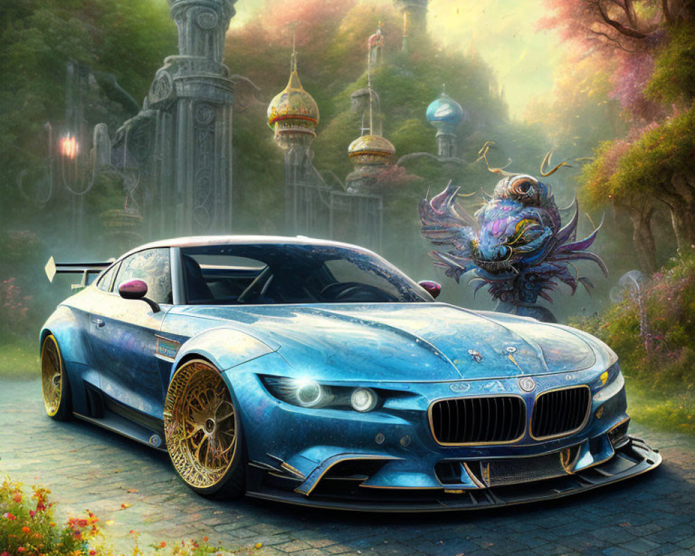 Blue sports car with golden rims in fantastical garden with floating islands and mystical architecture under pink sky