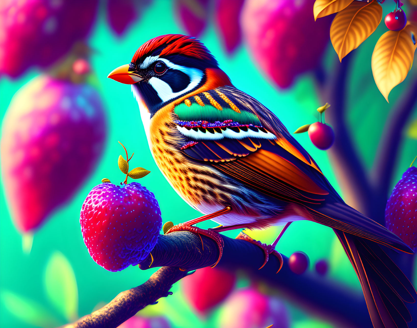 Colorful Bird on Branch with Berries and Foliage in Digital Art