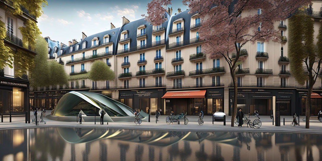 Parisian Street Scene with Modern Glass Canopy Entrance