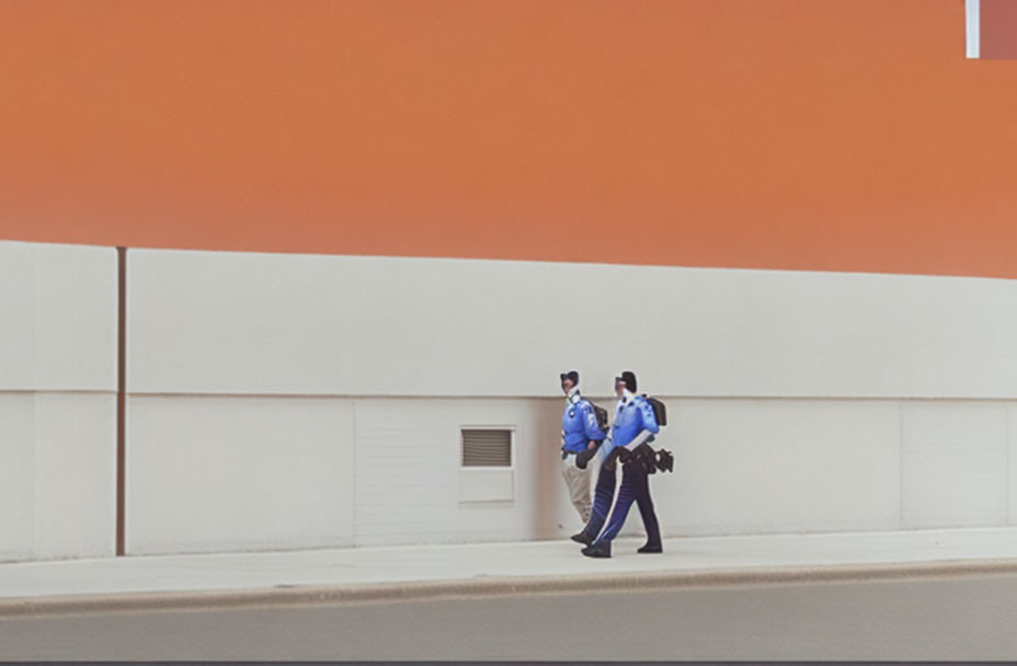 Police officers walking by white building with large orange overhang.