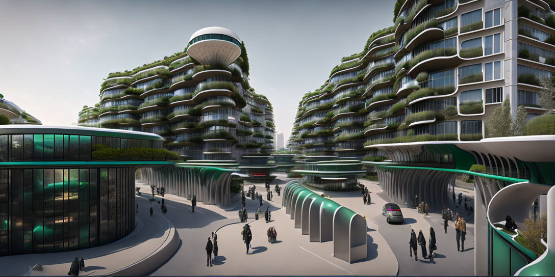 Futuristic cityscape with terraced greenery-adorned buildings and sleek transportation pods.