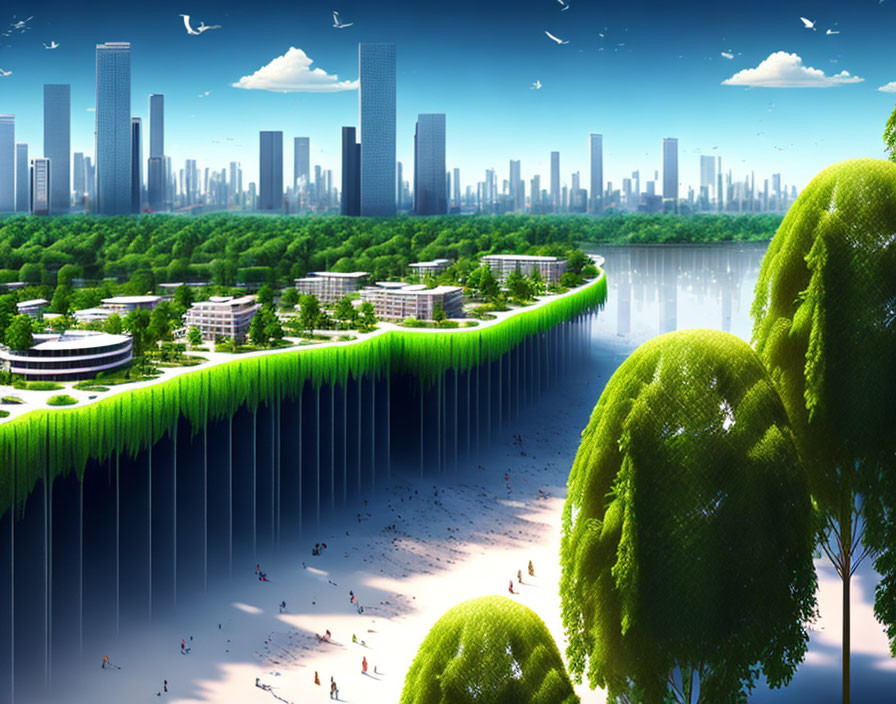 Futuristic cityscape with hanging greenery, beachgoers, calm water, skyscrapers