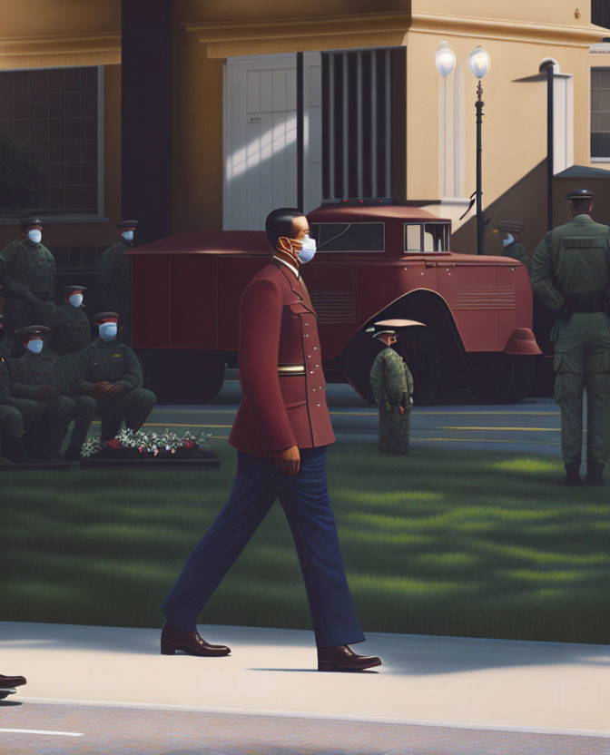 Person in Maroon Suit and Mask Walking Past Vintage Fire Truck and Personnel