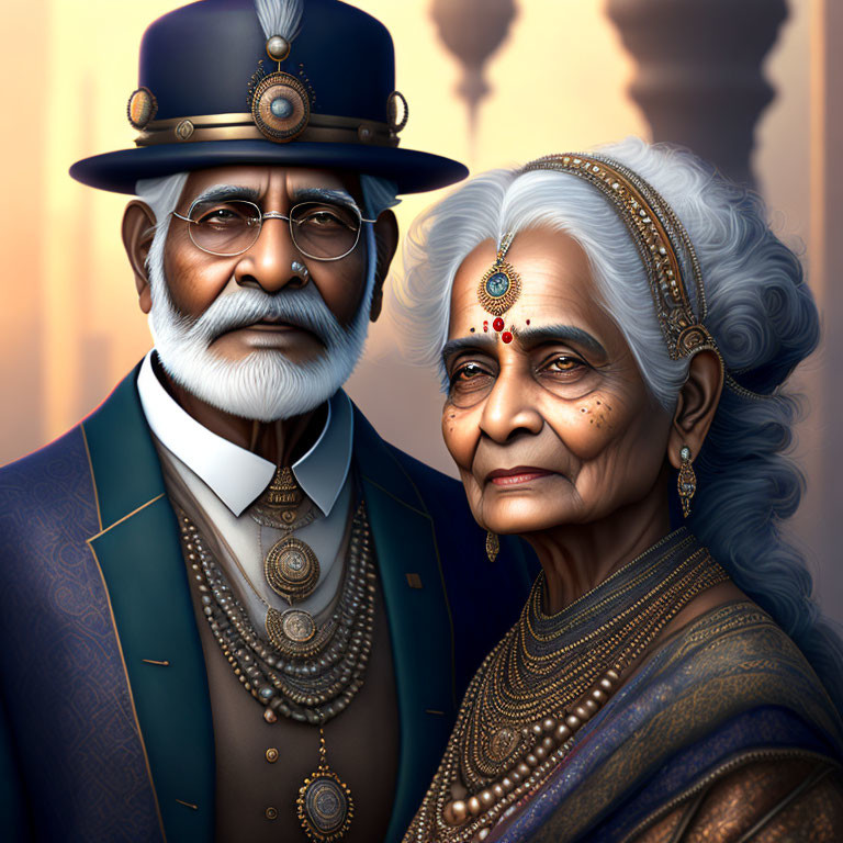 Elderly couple in traditional Indian attire with intricate jewelry