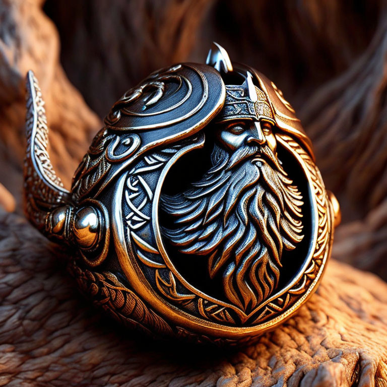 Metallic ring with carved Norse warrior design and Viking-inspired patterns.