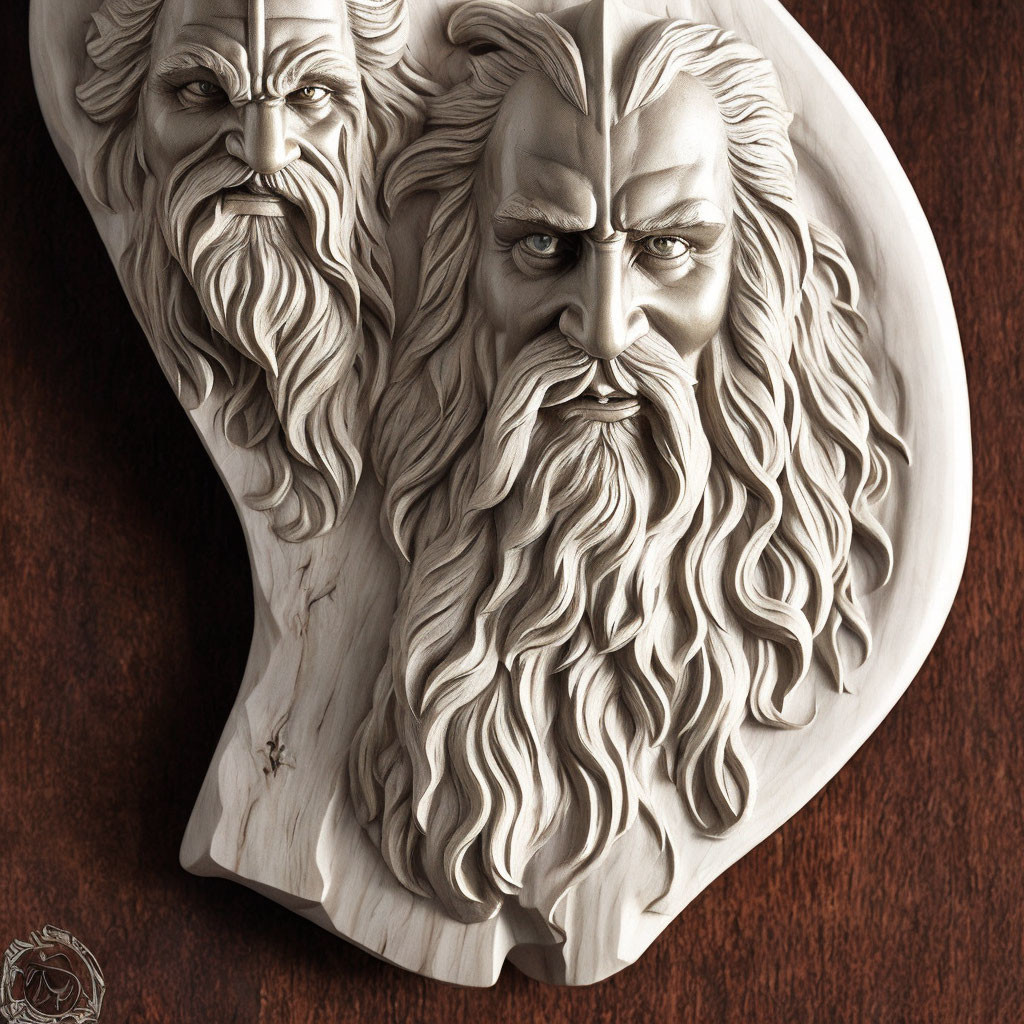 Wooden Carving of Two Bearded Men with Stern Expressions on Dark Wood Background