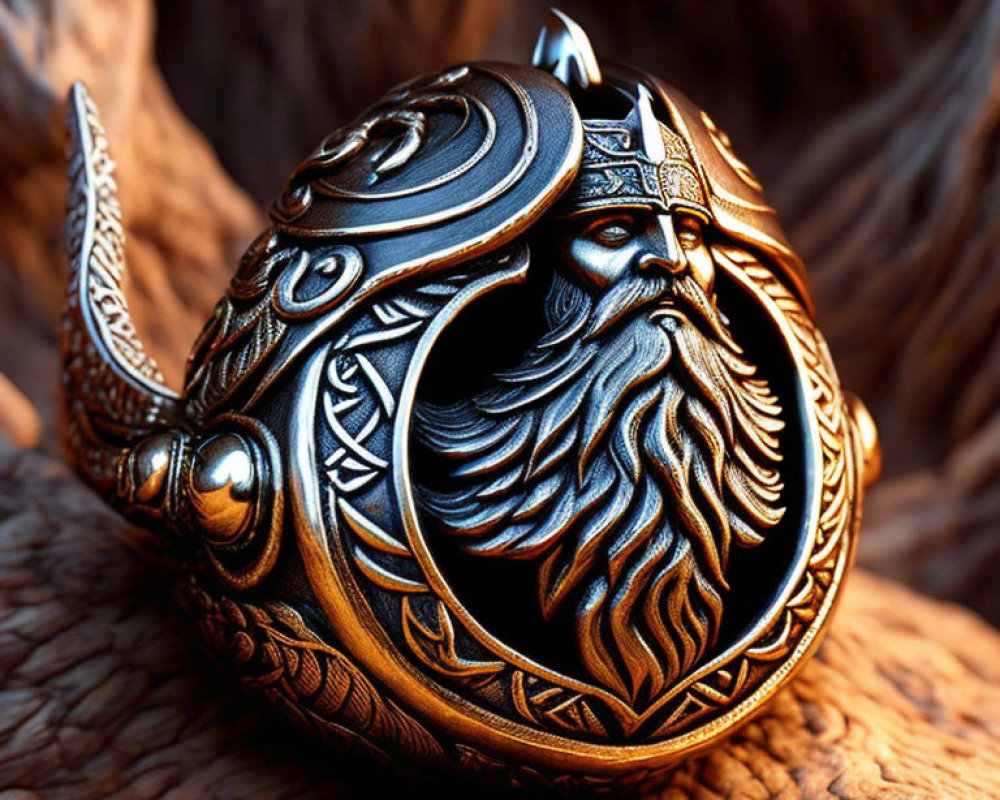 Metallic ring with carved Norse warrior design and Viking-inspired patterns.